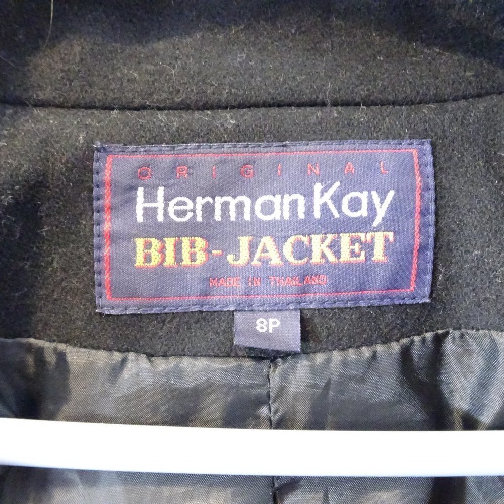 90's HERMAN KAY Bib-Jacket Wool-Blend Coat Winter Hood Size 8P Black Brown - Picture 5 of 8